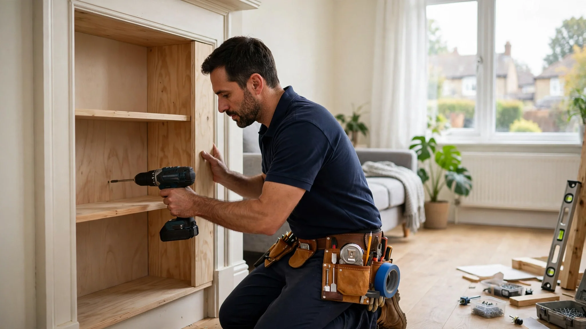 Andy Man handyman fitting alcove shelving in Stoke-on-Trent home